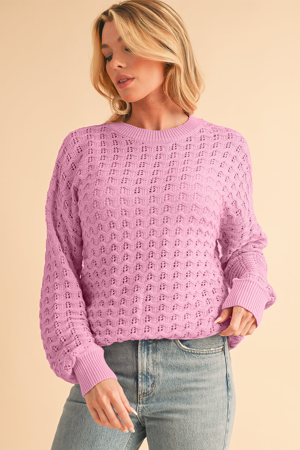 Pink Crochet Knit Drop Shoulder Sweater