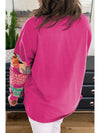 Rose Red Leopard Patchwork Sleeve Split Plus Sweatshirt