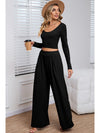 Black Plain Ribbed Crop Top & Wide Leg Pants Two Piece Pants Set