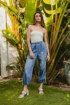 BiBi Striped Tape Details With Bot Tied Point Elastic Waist Jeans