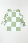 Grass Green Checkered Ruffle Smocked Cuffs Tee