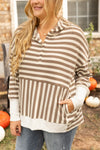 Brown Stripe Drop Sleeve Plus Size Henley Hoodie