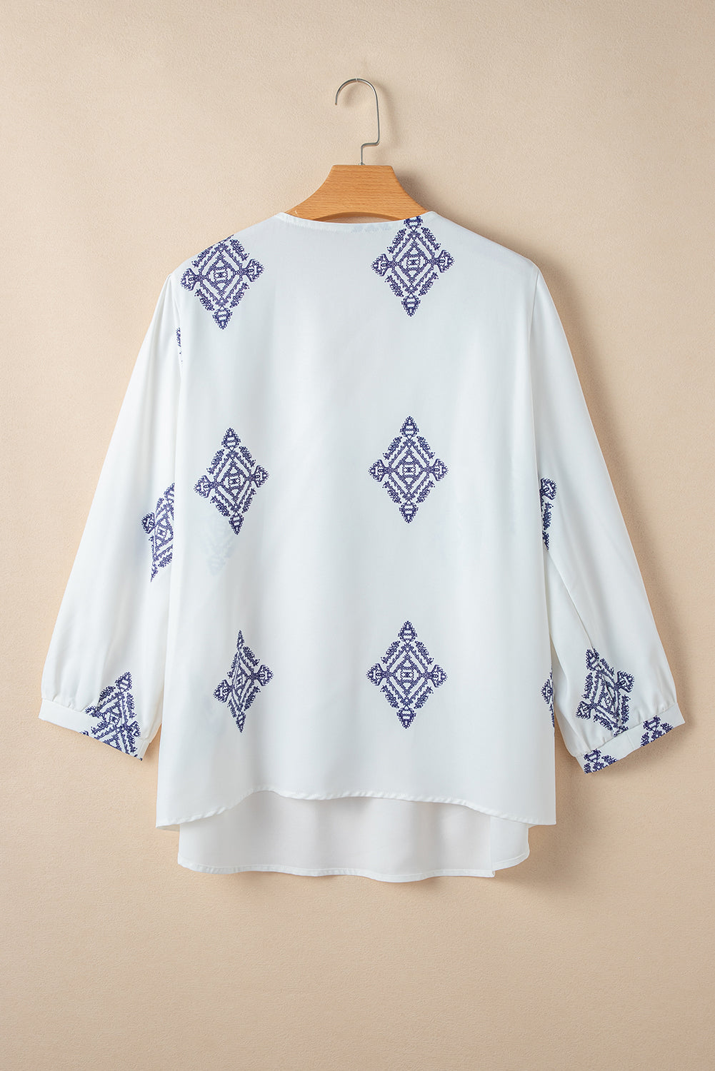 White Boho Geometric Print V Neck Plus Size Blouse