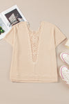 Beige Hollowed Lace Applique Plus Size Waffle T Shirt