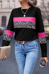 Rose Leopard Colorblock Patchwork Crew Neck Top