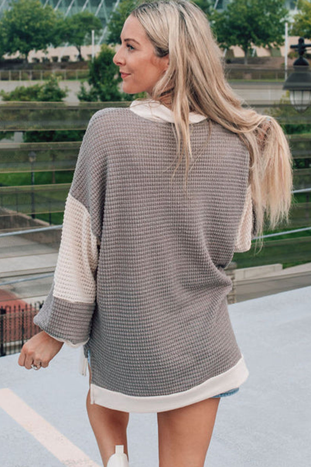 Khaki Waffle Colorblock Collared Henley Top