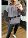 Gray Textured Patchwork Kangaroo Pocket Drop Shoulder Hoodie