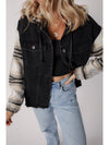 Black Patchwork Plaid Sleeve Frayed Hem Hooded Denim Jacket