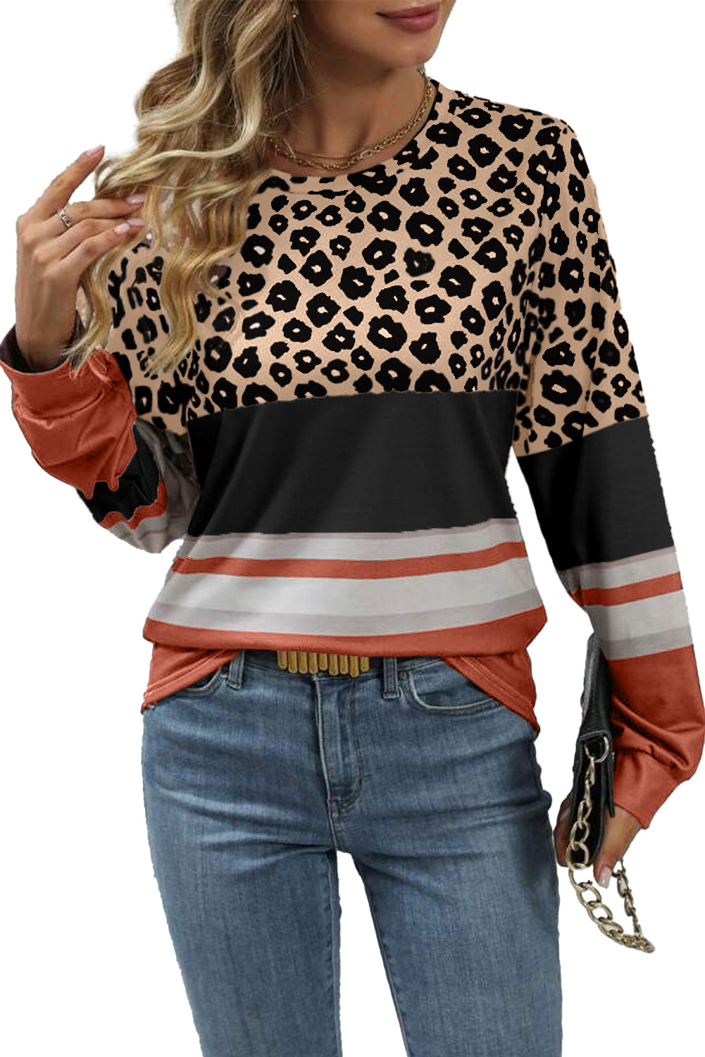 Brown Leopard Striped Color Block Long Sleeve Top