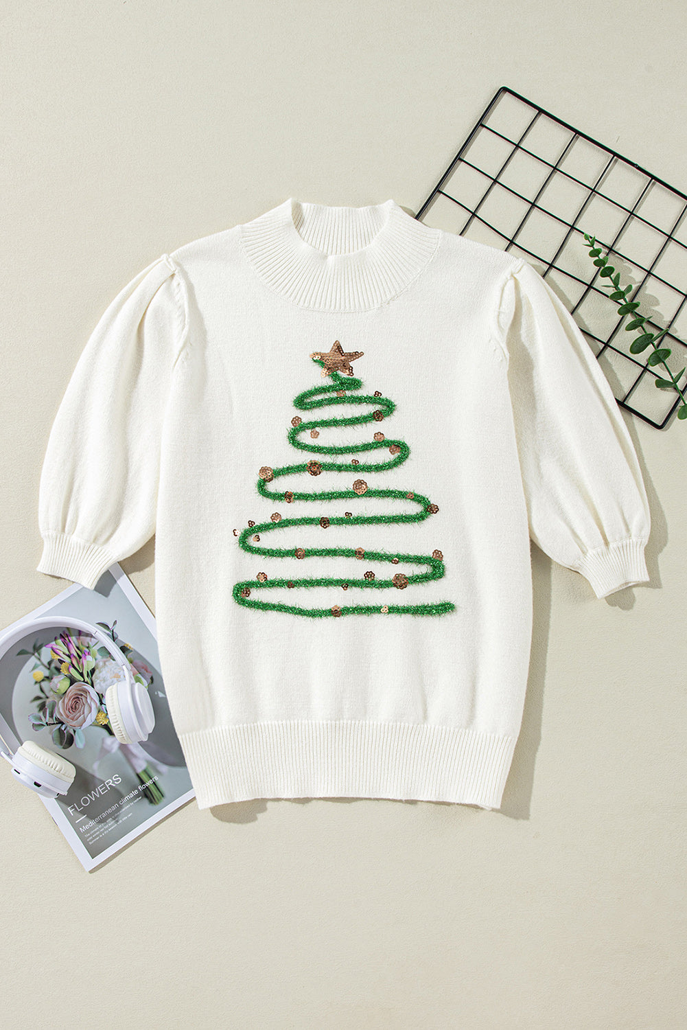 White Tinsel Christmas Tree Puff Short Sleeve Sweater