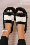 Black Colorblock Open Toe Fuzzy Slippers