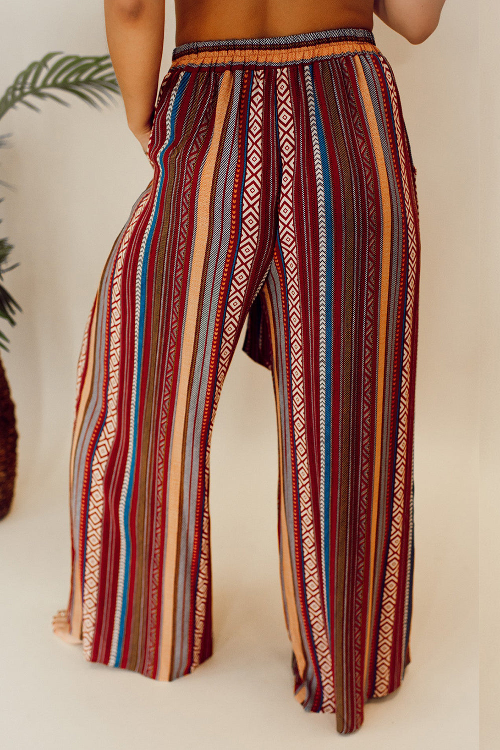 Red Boho Ethnic Striped Print Tie Waist Wide Leg Pants