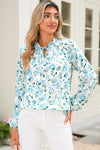 Sky Blue Boho Floral Print Long Sleeve V Neck Blouse
