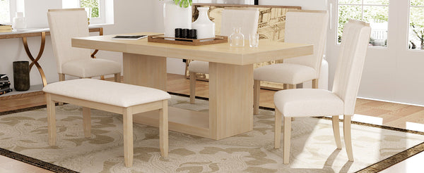 TOPMAX Contemporary 6-Piece 78inch Extendable Pedestal Dining Table Set with 18inch Removable Leaf and Dining Bench, 4 Upholstered Dining Chairs, Natural