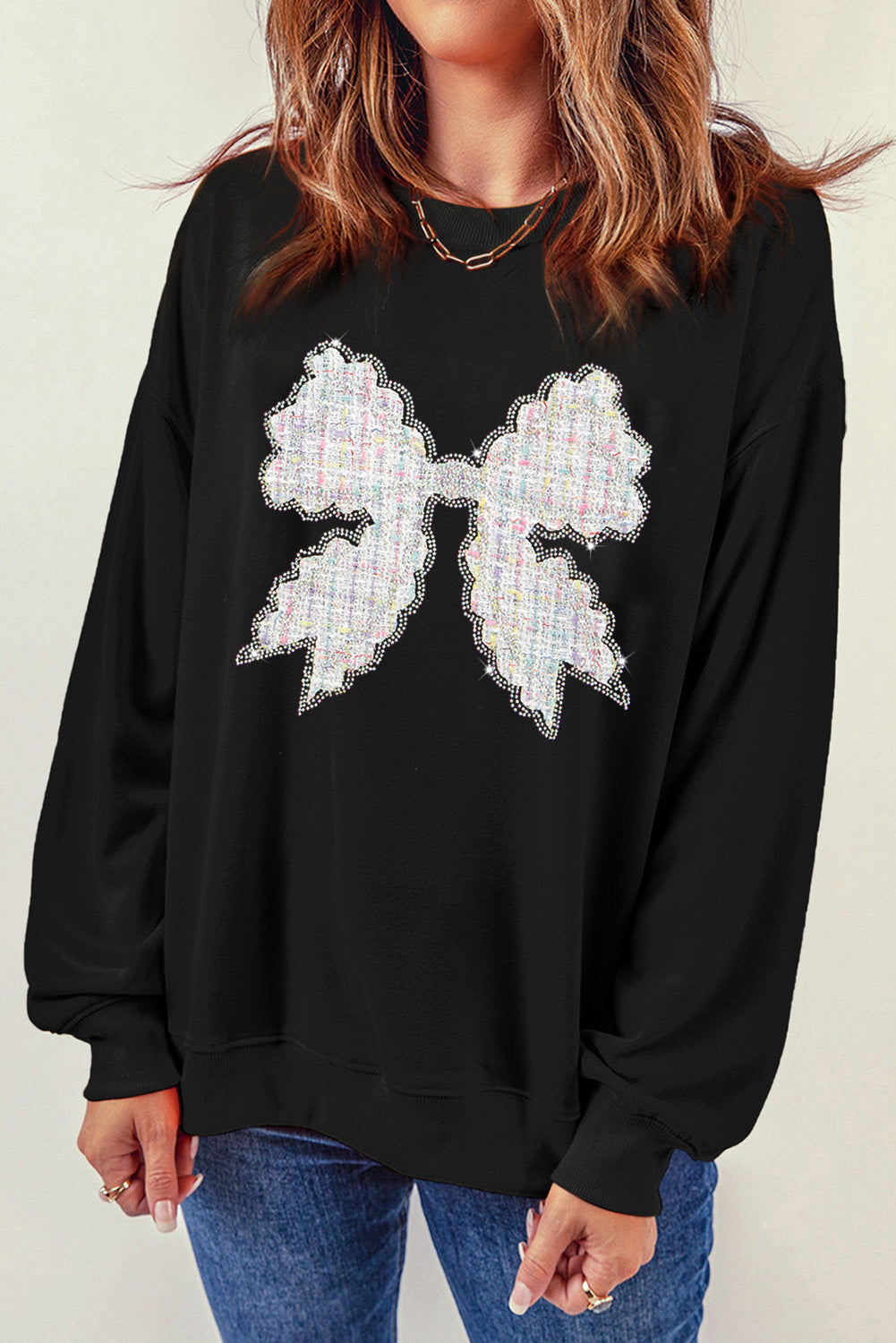 Black Rhinestone Décor Bow Graphic Pullover Sweatshirt