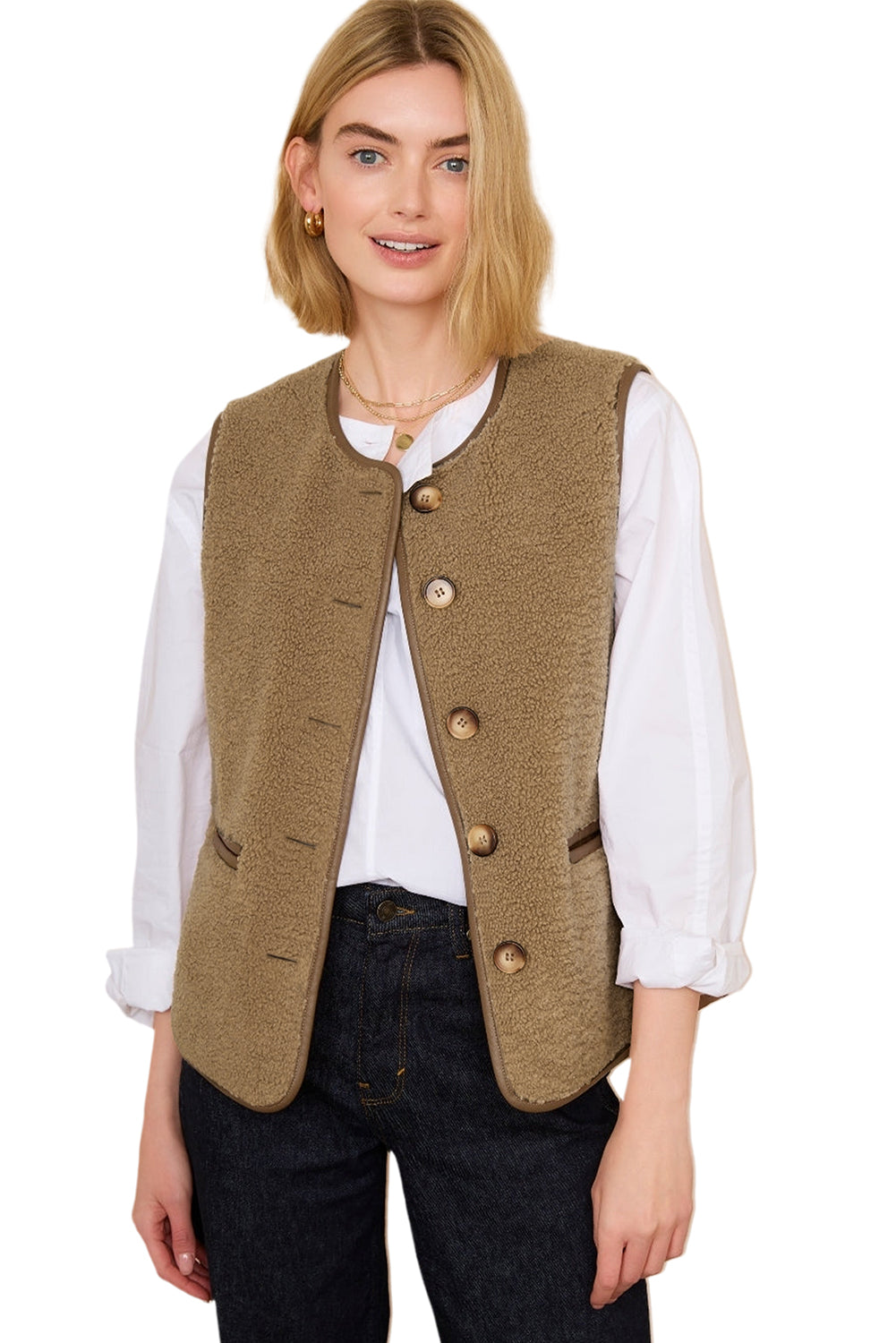 Camel Fleece Leather Side Pockets Button Up Vest