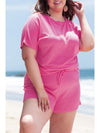 Rose Red Solid Waffle Knit Plus Size Two Piece Shorts Set