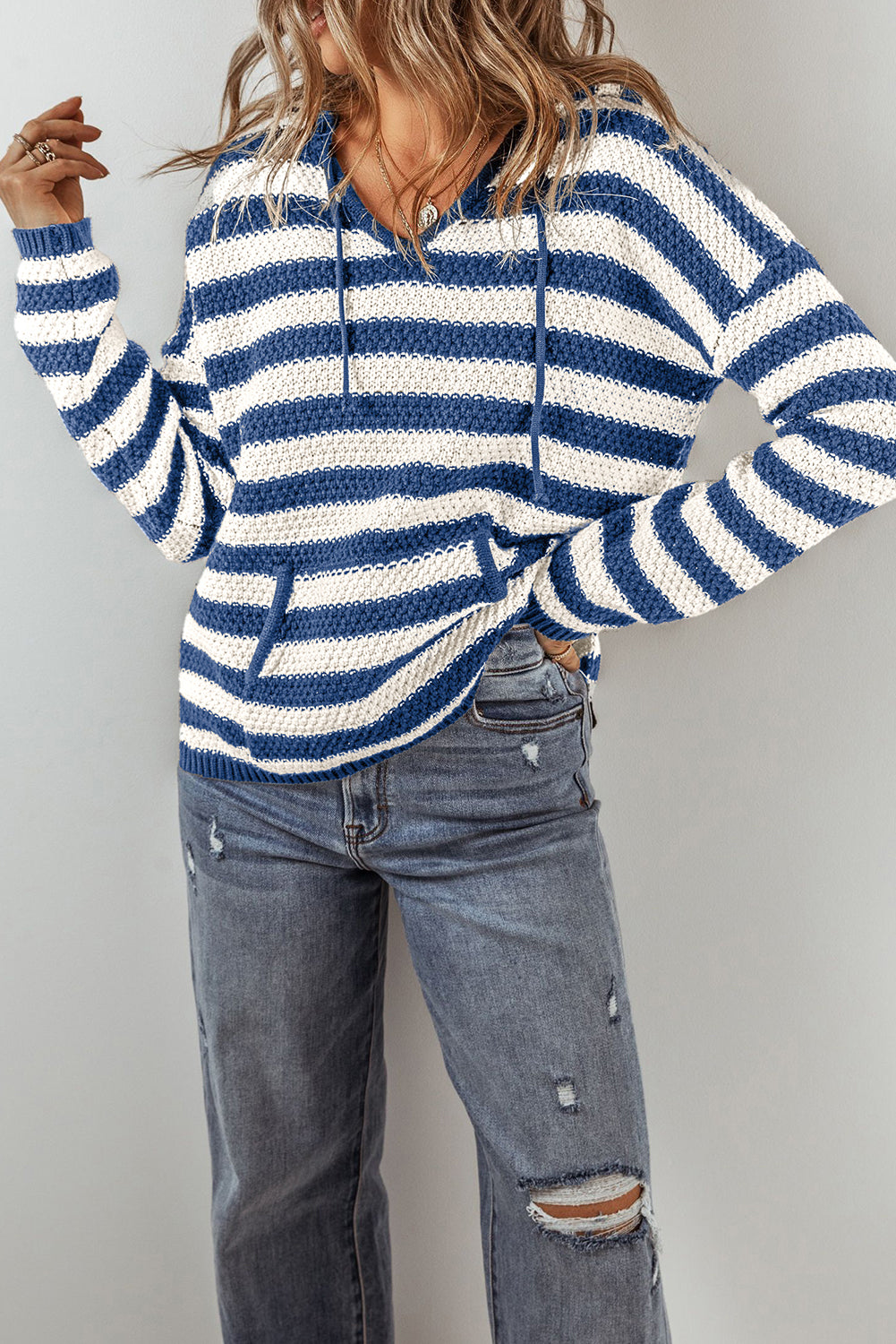 White Striped Kangaroo Pocket Hooded Sweater