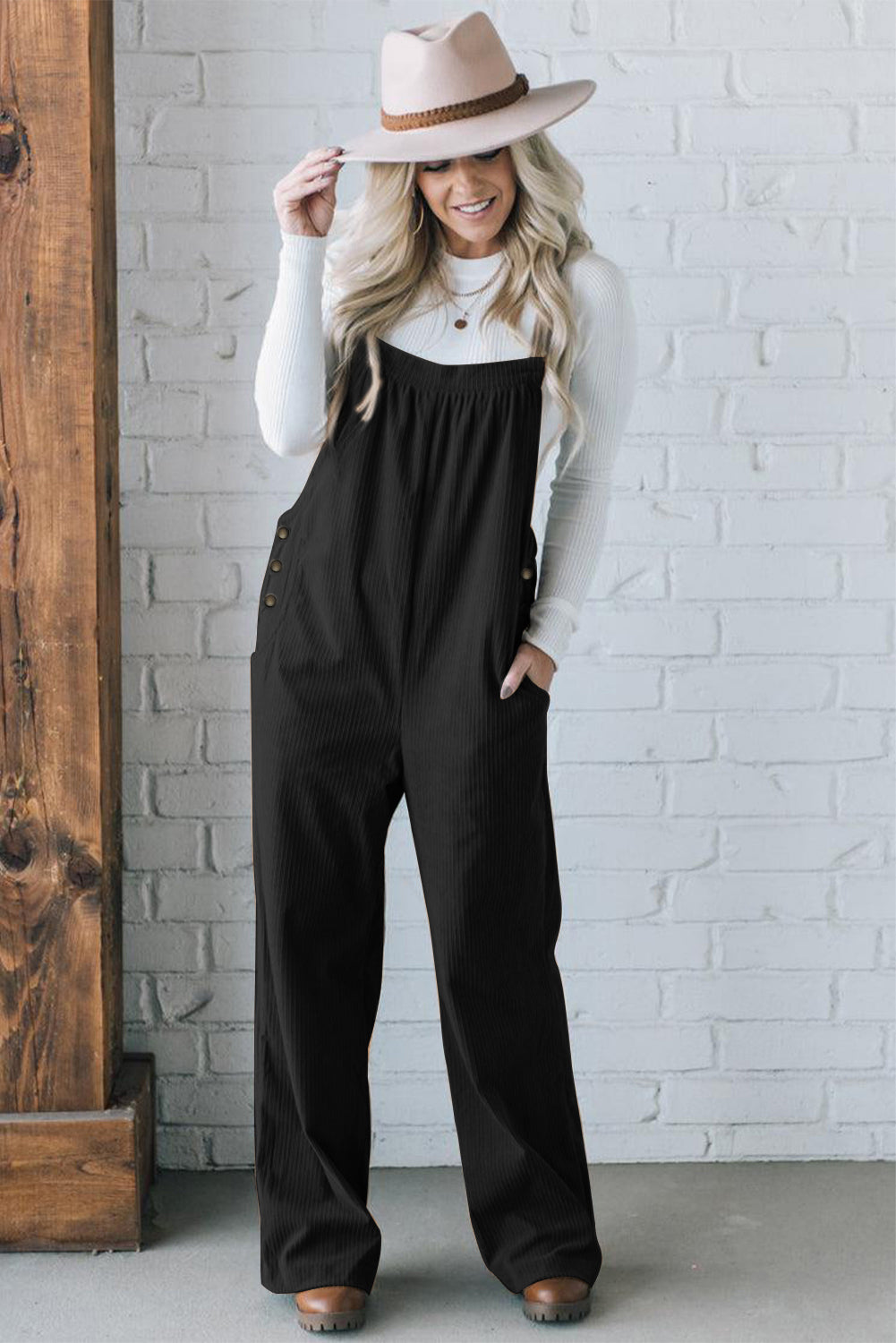 Gray Morn Plain Pocketed Loose Fit Corduroy Overalls