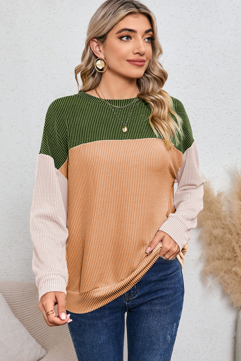 Red Color Block Ribbed Loose Long Sleeve Top