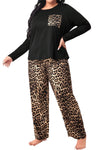 Black Leopard Patched Pocket Long Sleeve Top Plus Size Pajama Set