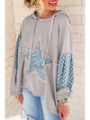 Beau Blue Floral Patchwork Star Pattern Drawstring Hoodie