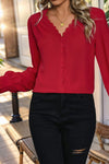 Racing Red Elegant Long Sleeve Lace V Neck Shirt