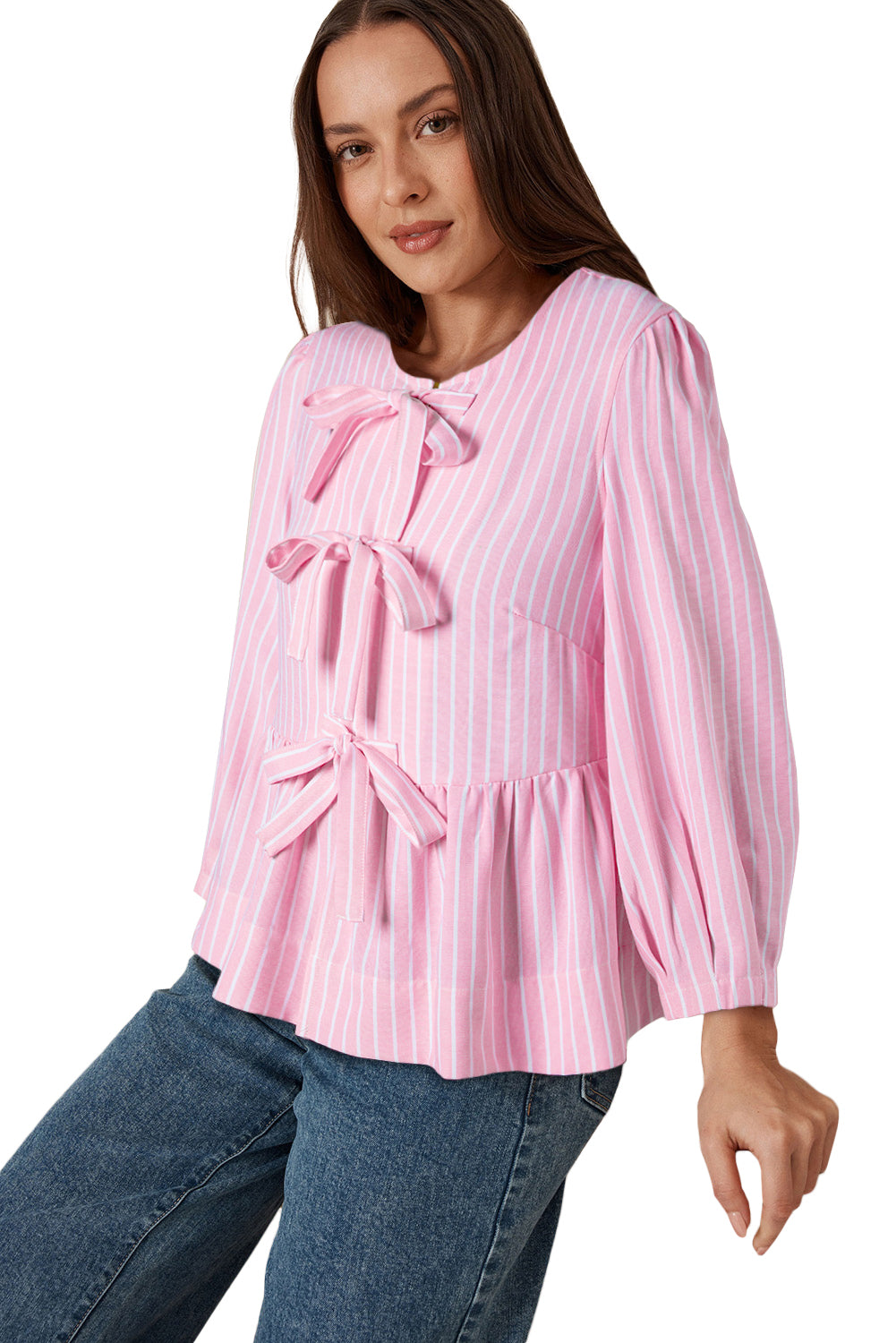 Pink Striped Print Sweet Bow Tie Blouse