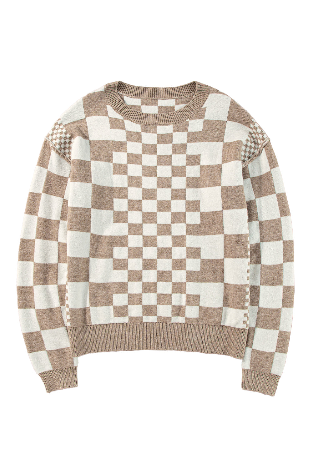 Carrot Checkered Drop Shoulder Round Neck Sweater