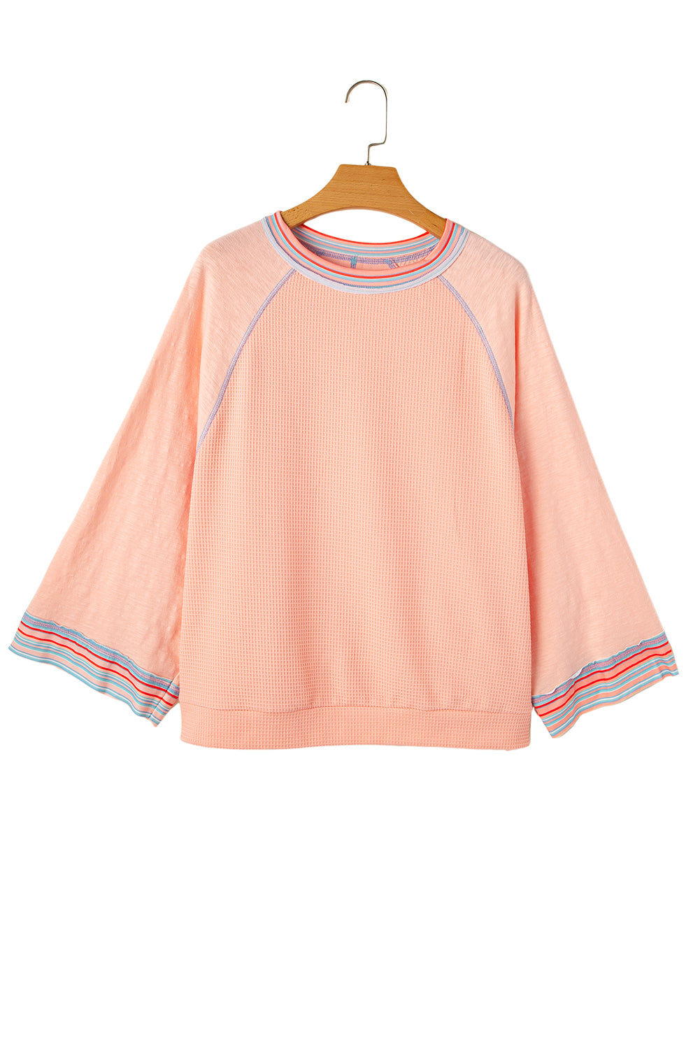 Grapefruit Orange Patchwork Long Sleeve Waffle Top