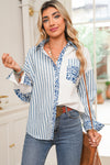 Sky Blue Leopard Striped Patchwork Button-up Shirt