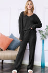 Black Slouchy Ribbed Knit V Neck Top & Pants Loungewear Set