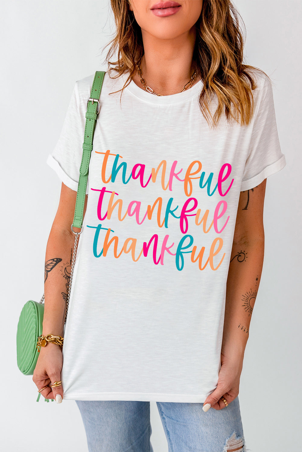 White Colorful Thankful Print Thanksgiving Graphic T-Shirt