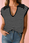 Beige Stripe Turn-down Collar Sleeveless Knitted Top