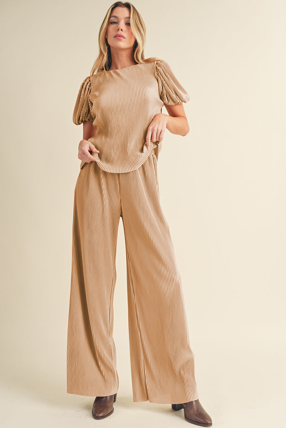 Clay Ribbed Short Puff Sleeve Top and Wide Leg Pants Set