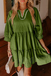Black Contrast Stitched V Neck 3/4 Sleeve Swing Mini Dress