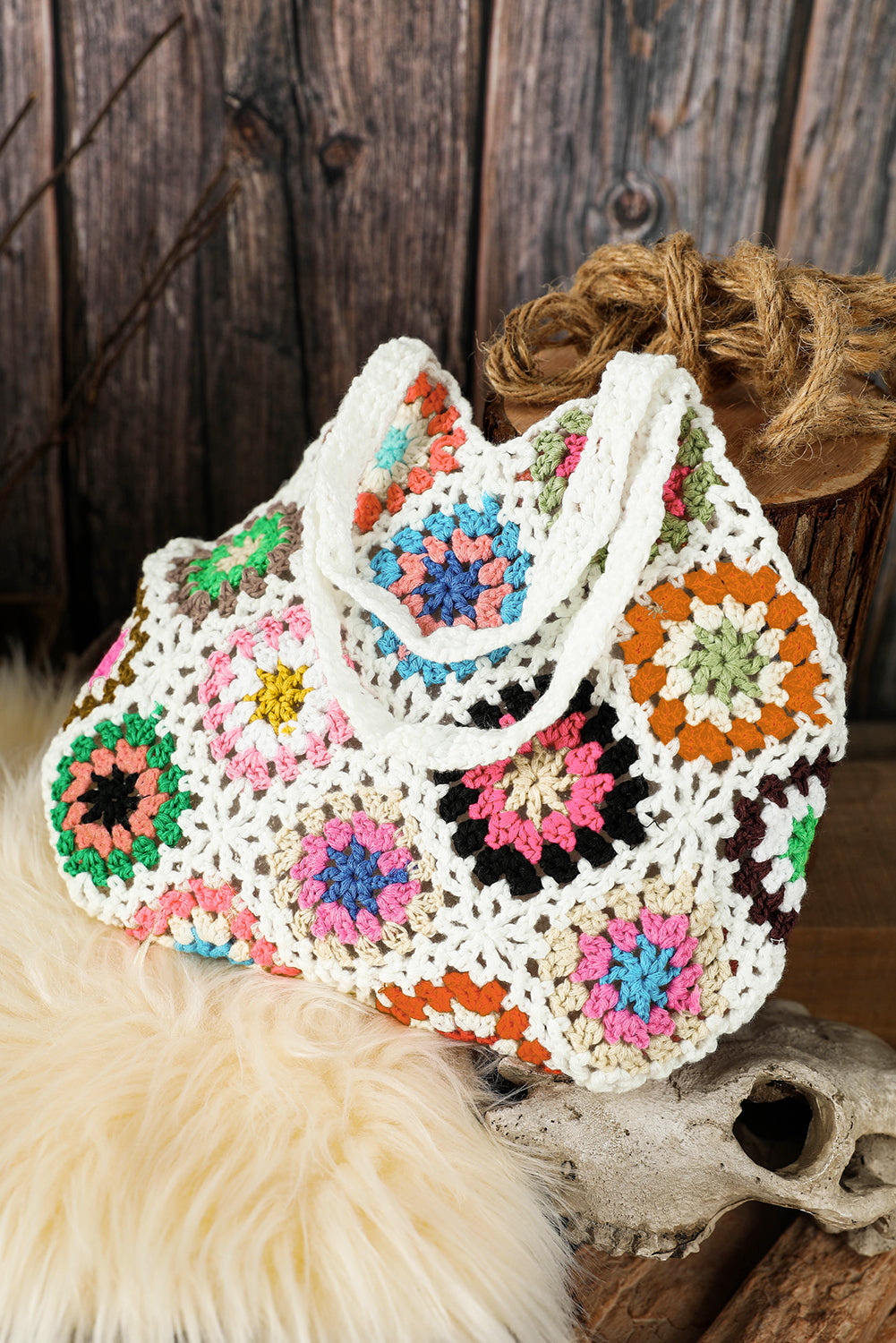 White Boho Floral Crochet Retro Hollowed Tote Bag