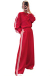 Fiery Red Varsity Striped Detail Cropped Pullover Wide Leg Pants 2pcs Outfit