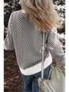 Coffee Stripe Contrast Edge Crew Neck Drop Shoulder Sweater