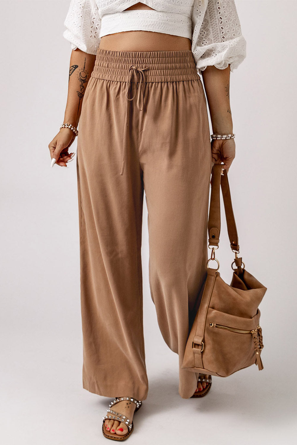 Brown Casual Drawstring Shirred Elastic Waist Wide Leg Pants