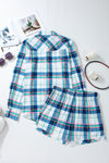 Blue Plaid Print Shirt and Frill Trim Shorts Pajama Set