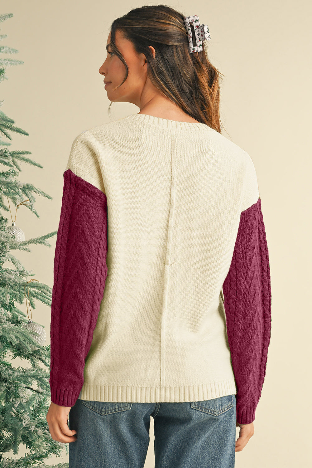 Rose Tan Colorblock Pocket Drop Shoulder Sweater