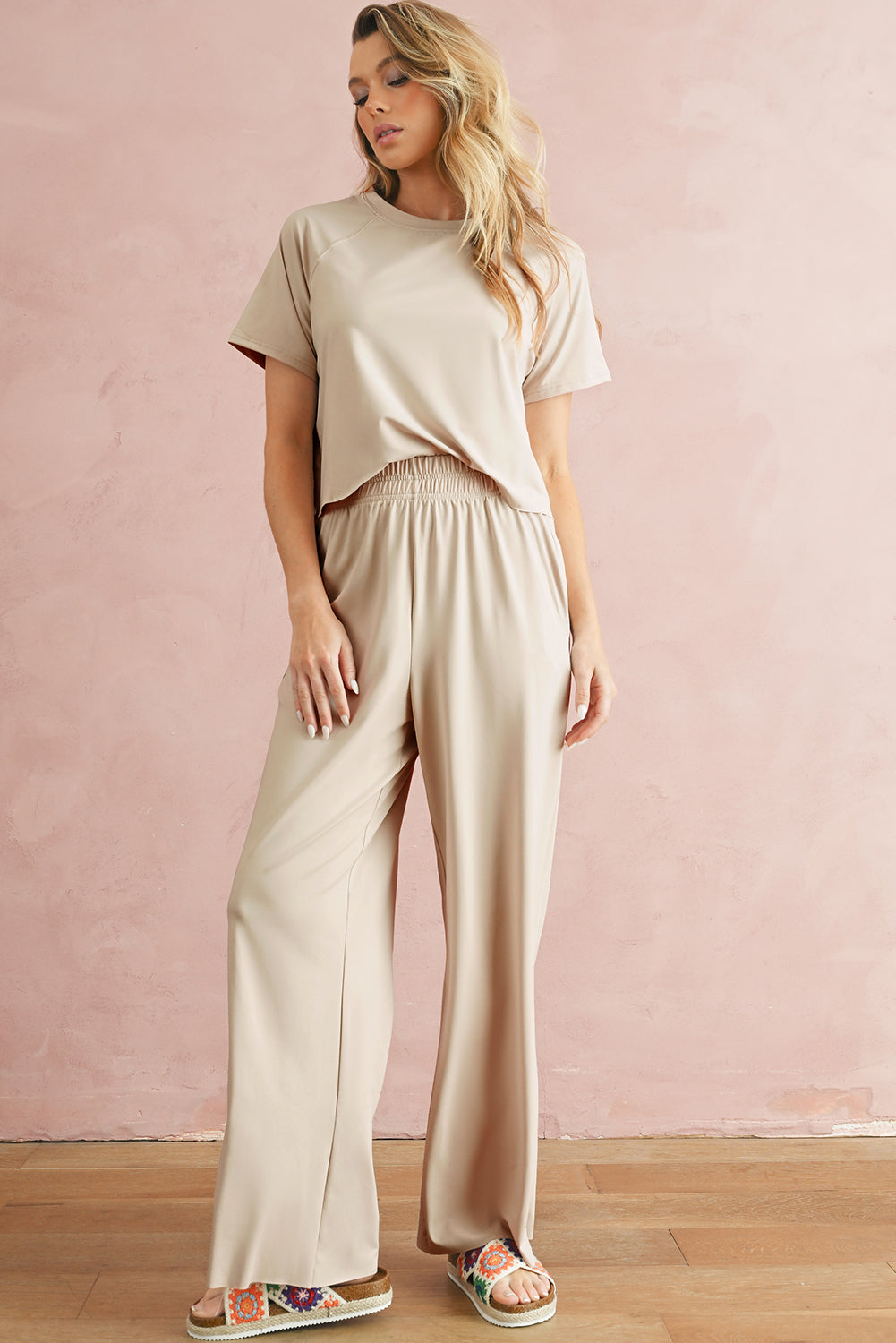 White Raw Hem Loose Tee and Wide Leg Pants Set