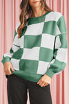 Green Checkered Bishop Sleeve Pullover Sweater