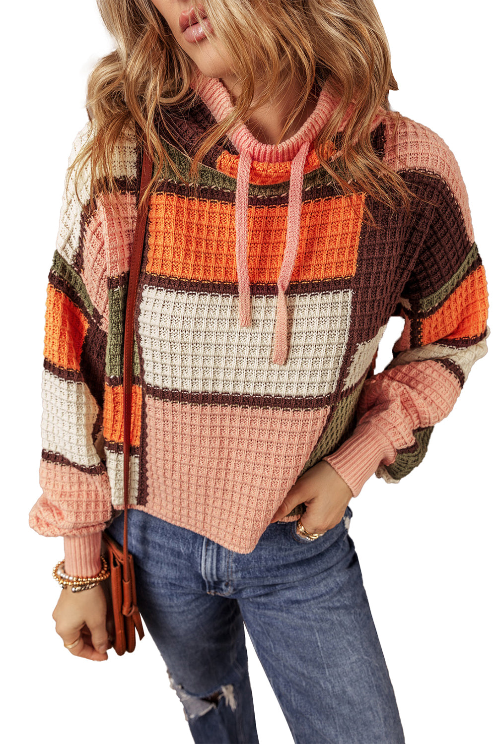 Sweaters Orange Color Block Waffle Knit Drawstring Mock Neck Sweater.