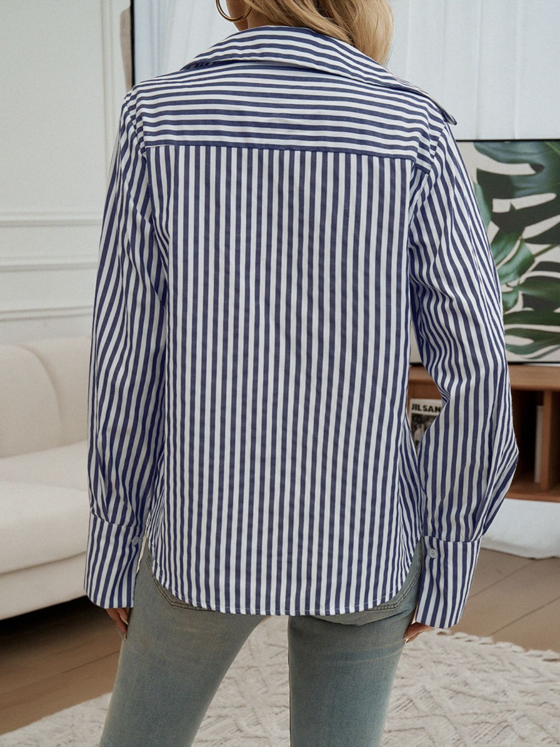 Devine Pocketed Striped Collared Neck Long Sleeve Shirt