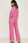 Navy Blue Loose Contrast Trim Half Sleeve Top and Drawstring Pants Set
