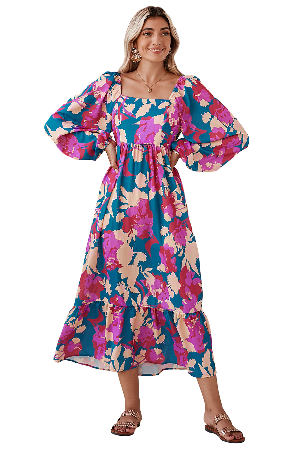 Multicolor Boho Floral Print Square Neck Ruffle Midi Dress