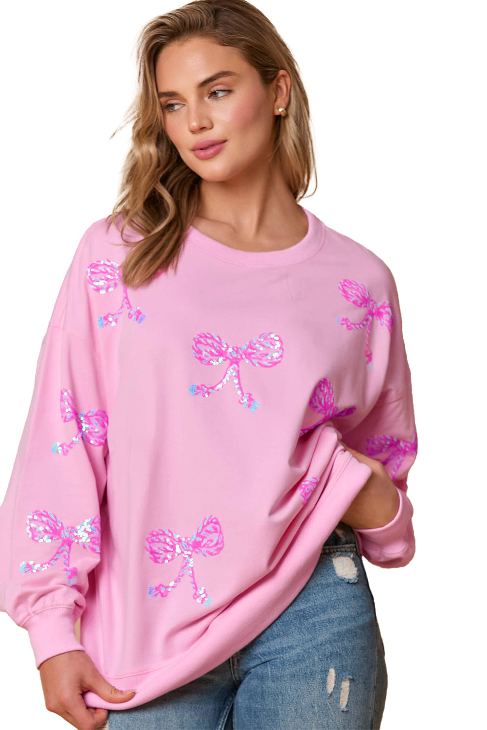 Pink Sequined Bow Graphic Round Neck Drop Sleeve Sweatshirt