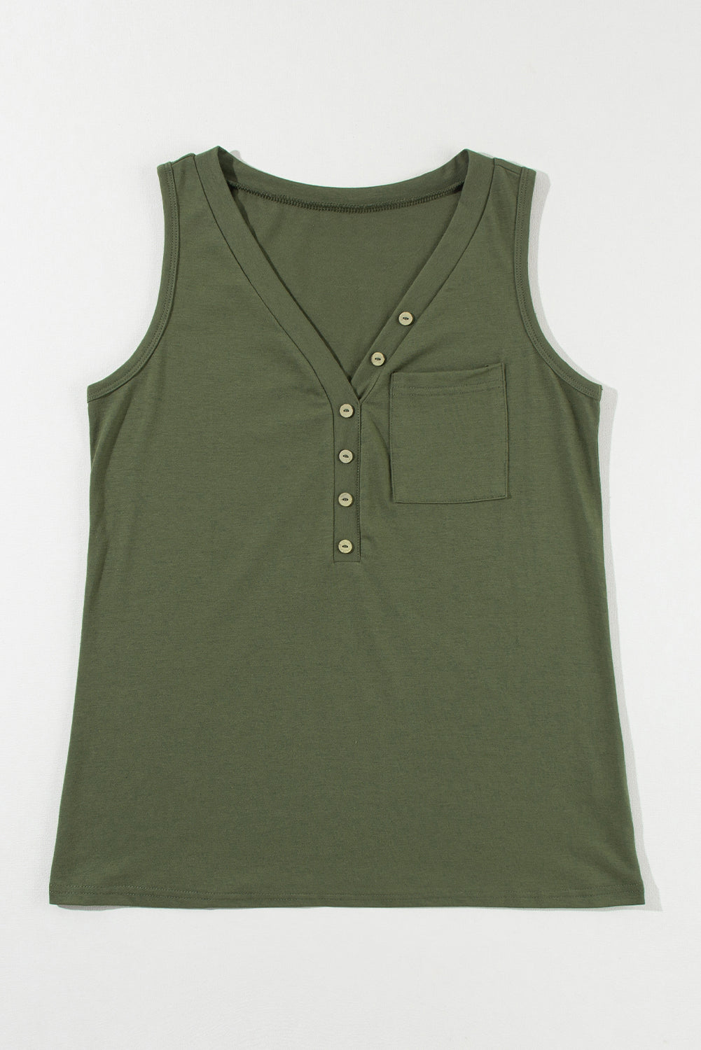 Jungle Green Half Button V Neck Patched Pocket Tank Top